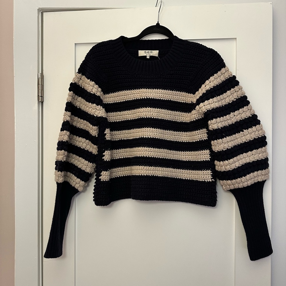 Sea Striped Reece Popcorn Puff Sleeve sweater